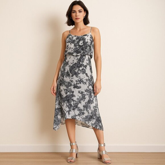 The Vanca Floral Midi Dress Black White Abstract Print Flowy Lightweight - Picture 1 of 15
